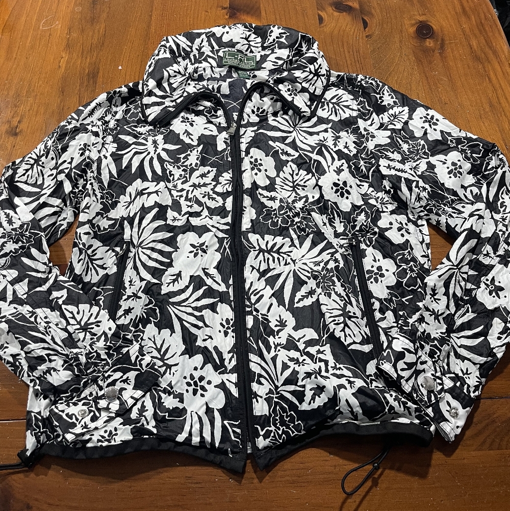 L-RL Lauren Active Vintage Y2K Women Black White Floral Zip Up Nylon Windbreaker
